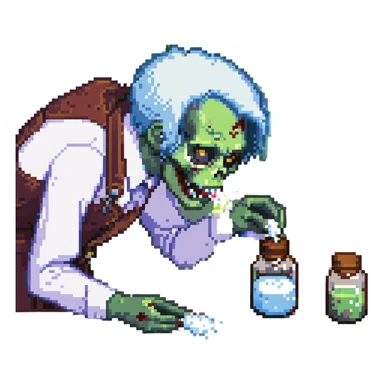 A zombie Leo  sniffing white powder with a background lab in the style of a pixel art sticker