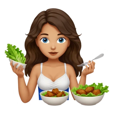 Girl with olive skin, blue eyes, brown dark insanely wavy long hair, white camisole eating a bowl of lettuce and chicken sticker