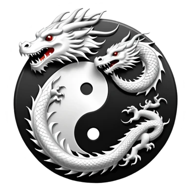 An icon symbolizing Eastern martial arts in the style of an emblem, featuring a black-and-white Yin-Yang symbol and a dragon at the center, surrounded by elements like a dojo. Transparent background highlights balance and power. sticker