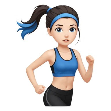 A girl with fair skin and a caring blush. Her eyes are big, expressive, blue. Her hair is long, straight, dark brown. 

 in a ponytail 

running, she is wearing black leggings and a black sports bra sticker