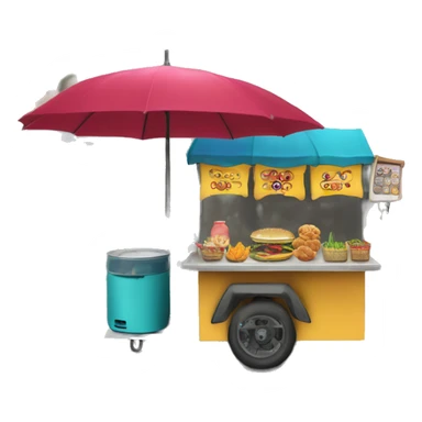 An emoji of a street food cart with a small table, colorful umbrella, and various food items on display sticker
