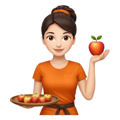 Create an iOS-emoji-style illustration of a cheerful female barista with bright fair skin and dark hair tied back. She wears an orange barista T-shirt and holds a brown serving tray. Style should be soft, rounded, and minimal like Apple emoji. sticker