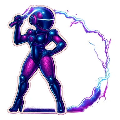 Add more electric energy and glowing sparks to the lightning whip, make the energy look intense and dynamic, keep the retro sticker style, glossy black and purple robot, transparent background. sticker