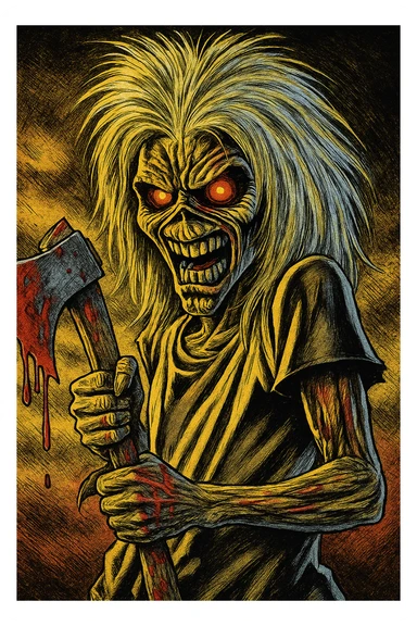 Eddie from Iron Maiden 'Killers', close-up, wild hair, glowing eyes, holding bloody axe, comic book style sticker
