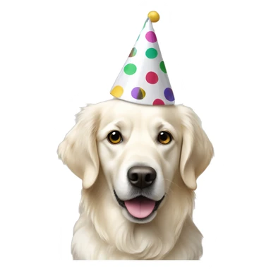 White golden retriever wearing polka dot party hat sticker