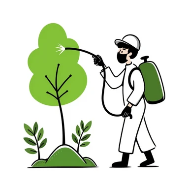 A gardener in protective suit and mask spraying a tree with a sprayer, performing chemical pest control. Bright green garden with trees, visible spray droplets, atmosphere of professional plant protection and garden care sticker