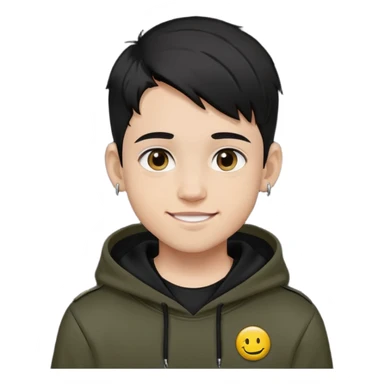 boy with military cut black hair, brown eyes, wearing 2 circle earrings and a black hoodie with a smiley face sticker