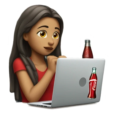 tired girl with laptop drinking coca-cola sticker