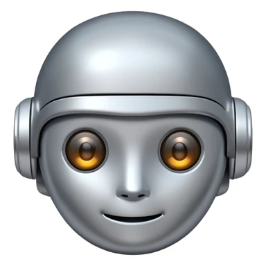 A cute futuristic robot emoji made of silver chrome, rounded friendly body, minimal facial features, glossy metallic surface, soft reflections, iOS emoji style, centered, clean white background sticker