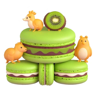 A green macaron with a kiwi slice on top, two animals peeking out, light green background with white stars, detailed texture sticker