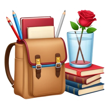 crear una  pizarra grande con libros a un lado, cuadernos, lapices, creyones, un vaso de cristal con rosas rojas, morral, lapto, estilo vector sticker