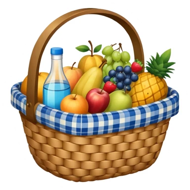 blue plaid lining basket with both food, drink and fruits sticker