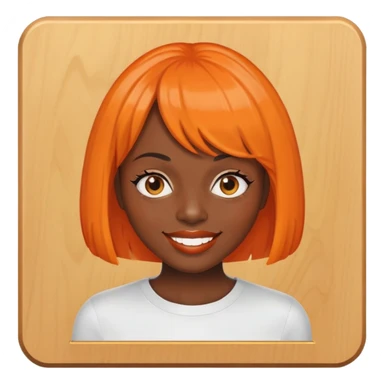 dark skinned Black woman with orange bob wig like Chucky's hair, visible plaque on her teeth sticker