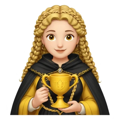Helga Hufflepuff, 2 curly thick brown braids, yellow-black medieval dress, black cloak decorated with gold braiding, tiny two-handled shiny yellow-gold cup, very kind smile, curvy busty sweet woman, thick rosy cheeks sticker
