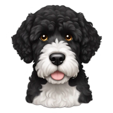 black face Portuguese water dog with white chin sticker