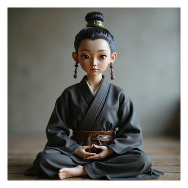 realistic AI chatbot with a meditative, disciplined presence, inspired by samurai and Buddhist philosophy. Calm, focused eyes, subtle traditional attire, peaceful background, aura of wisdom and self-mastery. sticker