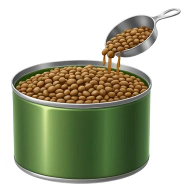 tin can opened to reveal glossy brown-green cooked lentils, moist and slightly shiny, soft rounded shapes, some lentils spilling near the edge, no spoon, no label, no garnish, soft lighting, subtle shadows, transparent background, emoji scale sticker