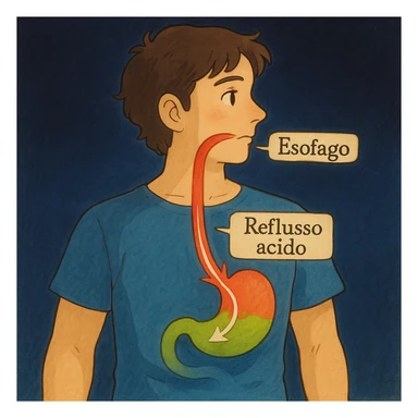 Medical illustration in Italian: stylized man, red esophagus, acid rising from the stomach, labels 'Esofago', 'Stomaco', 'Reflusso acido'. Dark blue background, illustrative style. sticker