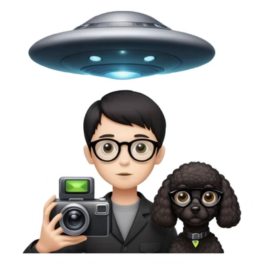 A little boy with straight black medium-length hair, white skin, and black eyes wearing black-framed glasses is taking photos on a UFO with a camera. Beside him, there is an alien and a brown round-headed poodle. sticker