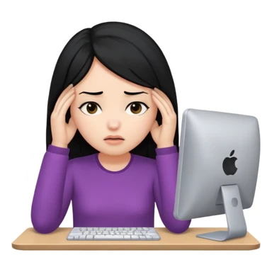 A girl is in front of a computer and is holding her head.The one with black hair sticker
