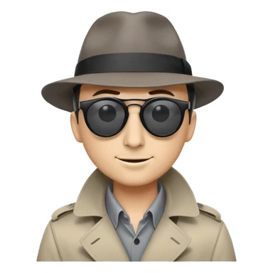 mysterious spy, newspaper up to nose, black sunglasses, hint of smile, dark fedora, gray trench coat, minimal round emoji design, playful secretive mood, plain background sticker