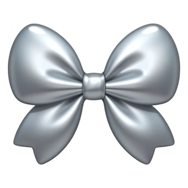 A cute bow emoji made of polished silver chrome, smooth rounded loops, glossy metallic surface, soft mirror reflections, subtle highlights, minimal and adorable proportions, iOS emoji style, centered composition, clean white background, soft studio lighting, no text, no outline, ultra high quality sticker