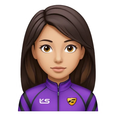 brunette long hair woman with black racing outfit with purple strips sticker