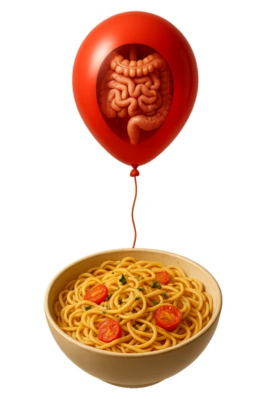bowl di pasta fluttua in aria insieme ad un palloncino rosso con all'interno un intestino umano anatomico realistico, iperrealistico 4k sticker