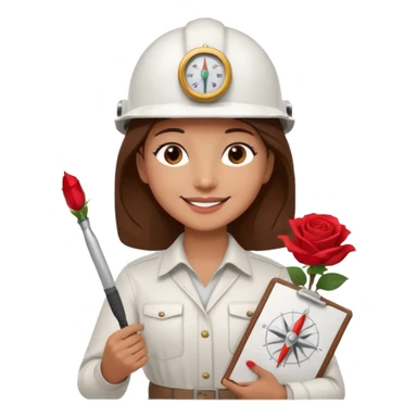 Architect with dark brown eyes, brown eyelashes, shoulder-length brown hair, smiling, white helmet, drawing compass, and rose. sticker
