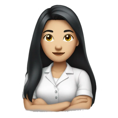 A woman with a confident expression, arms crossed, long black hair, wearing a bright white shirt, asian
 sticker