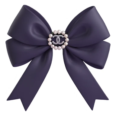 Change the bow to a velvet bow, keep pearls and silver Chanel logo, elegant, glossy, black and white, 3D emoji style. sticker