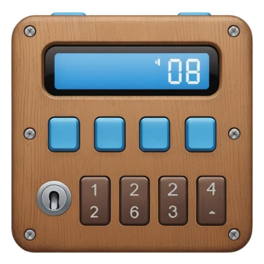 wooden rectangle keypad with a blue small screen and a door holder sticker