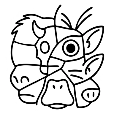 a red fragmented collage of different creature face parts with clear dividing lines between pieces: stoat fur section, minotaur skull section with horn, frog eye section, elf ear section, moth antenna section, cat whisker section, platypus bill section, and capybara nose section, arranged irregularly like a cubist painting with deliberate line splits, weathered appearance sticker