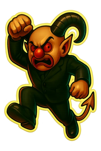 Evil clown wizard in retro sticker style, transparent background, leaping forward with one fist raised, wearing an all black suit, no pentagrams. Use the reference images for face, horns, and tail. sticker