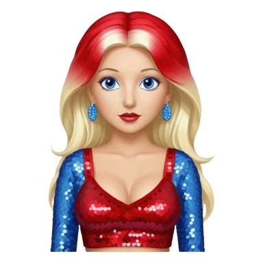 Christina Aguilera with long platinum blonde hair, periwinkle sequin crop top, red sequin pants, blue eyes sticker