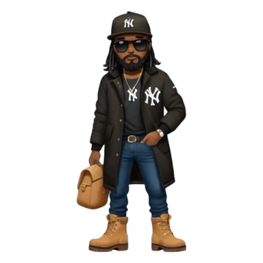 African American man with shoulder length black dreadlocks with black beard wearing black sunglasses wearing a black New York Yankees logo baseball cap wearing a black bubble winter coat wearing denim skinny jeans and timberland boots putting on his shoes sticker