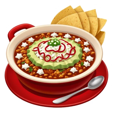 hot pozole rojo with steam, hominy, and sides: onions, shredded cabbage, lime wedges, red chile de arbol salsa, and tostadas lightly smeared with sour cream sticker