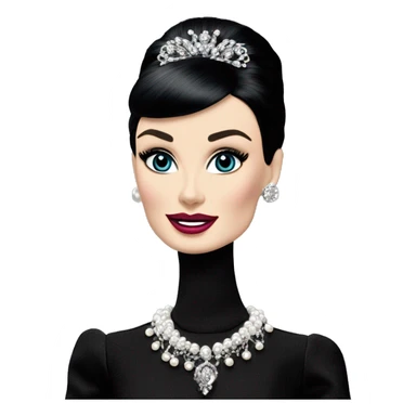 Glamorous Audrey Hepburn as Sabrina Barbie.Morticia Addams. Show full body. Embroidered long black gown jewelry gloves pearl earrings  sticker