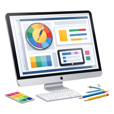Professional emoji for Graphic Design: a computer screen displaying a design layout, vector shapes, a color palette, and design tools like a pencil and ruler. The icon should represent creativity and precision in graphic design. Transparent background. sticker
