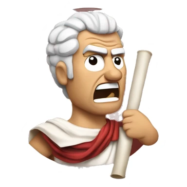 Angry Senator: A Roman senator in a toga, holding a torn scroll, face red with rage, eyebrows furrowed, expressing fury, like he's frustrated with a law or vote sticker