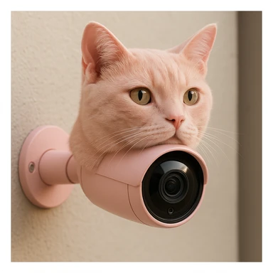 a CCTV camera shaped like a pink cat, realistic and lifelike, modern design sticker