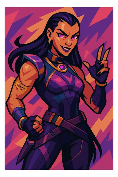 Valorant agent Reyna with purple eyes and long dark hair, confident expression, dynamic pose, detailed, vibrant colors, game character style sticker