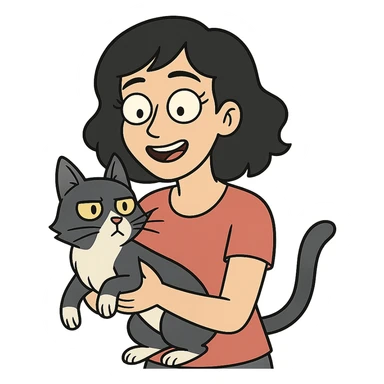mulher de cabelo preto com gato frajola cinza em estilo flat toon sticker