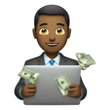 man with money and laptop sticker
