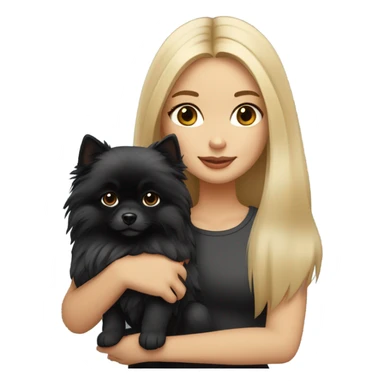  blonde girl, medium-length straight hair, full lips, gray eyes, fair skin, holding a black Pomeranian with tan in her arms sticker