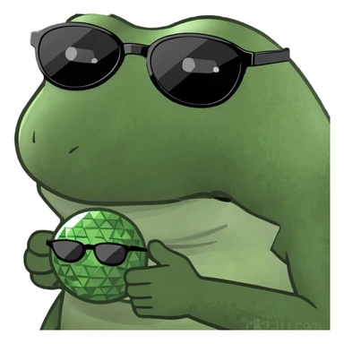 bufo with triangle shaped 8 bit sunglasses full black, confident smile, with a mini black powerful orb in his hand sticker