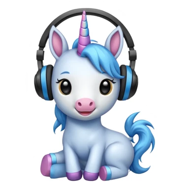 Unicornio bebé azul sentado escuchando música con auriculares negros sticker