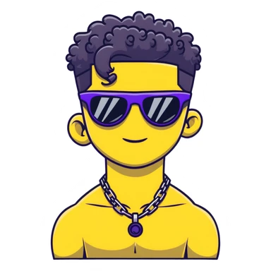 shirtless male athlete with white skin and moderately curly black hair on top with shaved sides, wearing purple sunglasses with black tinted lenses and a plain black chain necklace without pendant sticker