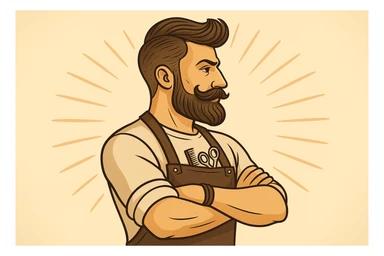 shu pozada turgan faqat chap tarafga qarab turgan sartarosh ustani tasvirlab ber sticker