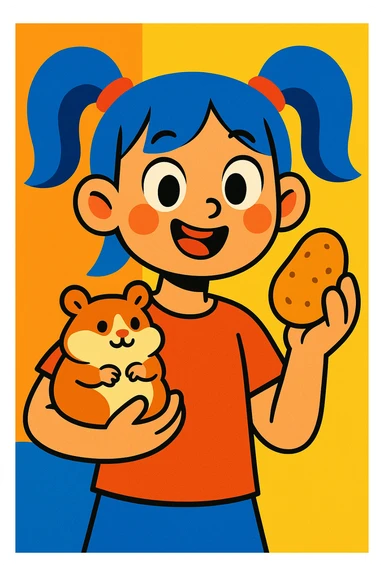 A girl with two ponytails holding a hamster and a potato, cartoon style, bright colors sticker
